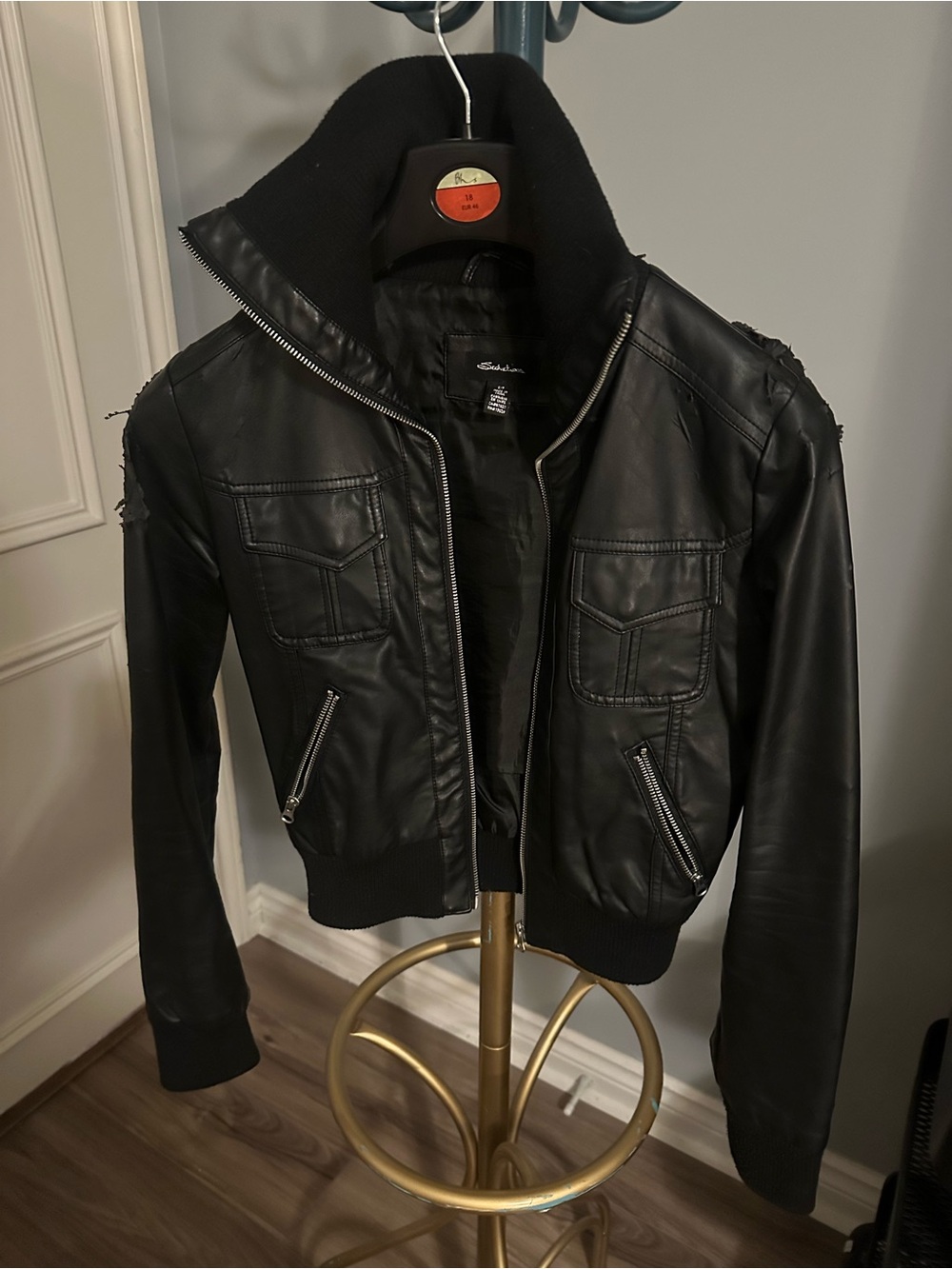 Black Faux Leather Bomber Jacket with Ribbed Collar